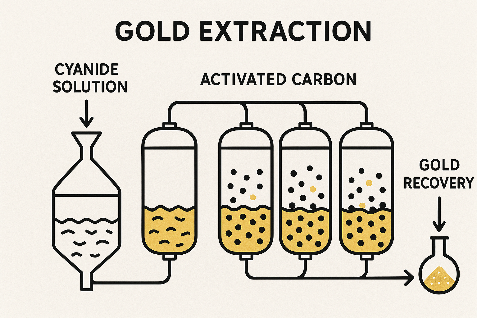 Flowchart of gold extraction using activated carbon, including Carbon-in-Pulp (CIP), Carbon-in-Leach (CIL), and Carbon-in-Column (CIC) processes.